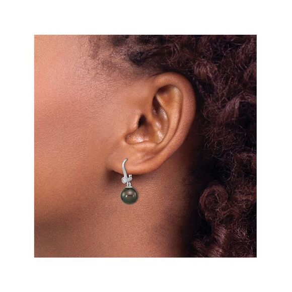 14K White Gold Black Saltwater Tahitian Dangle Pearl Earrings (9-10mm) - Picture 3 of 4